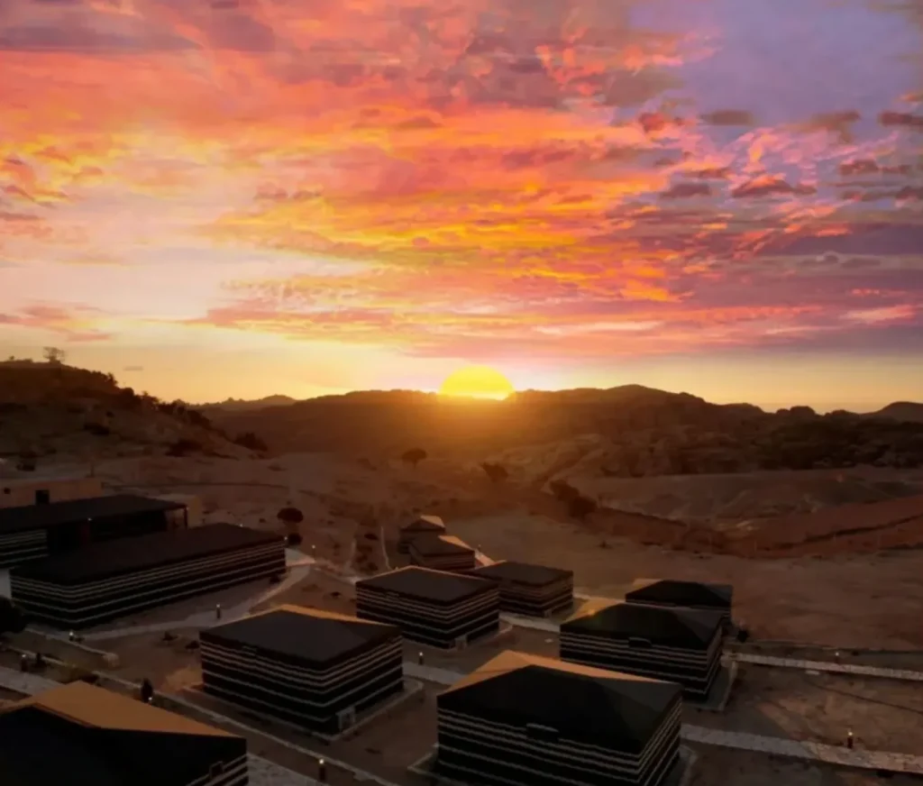 Sunset over the tents of Petra Wassaif Camp in the hills of Little Petra
